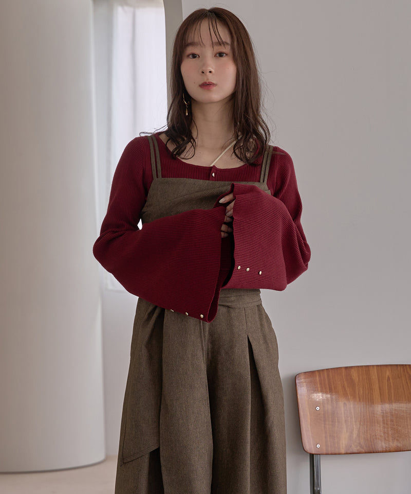 button design flare sleeve rib knit / ボタンデザインフレアスリーブリブニット