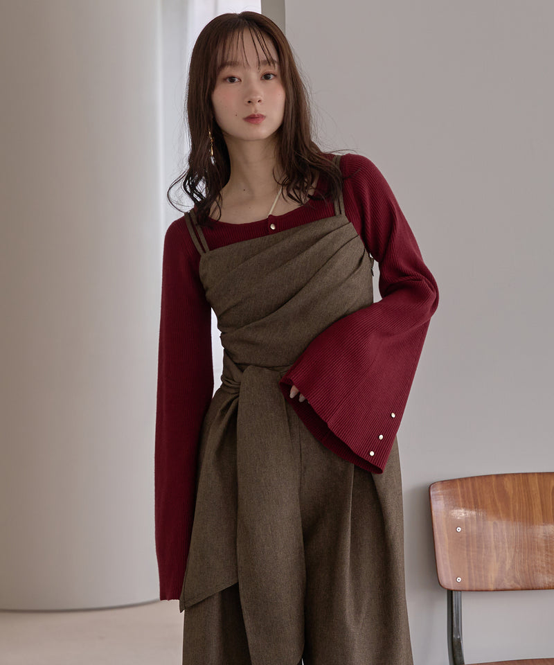 button design flare sleeve rib knit / ボタンデザインフレアスリーブリブニット