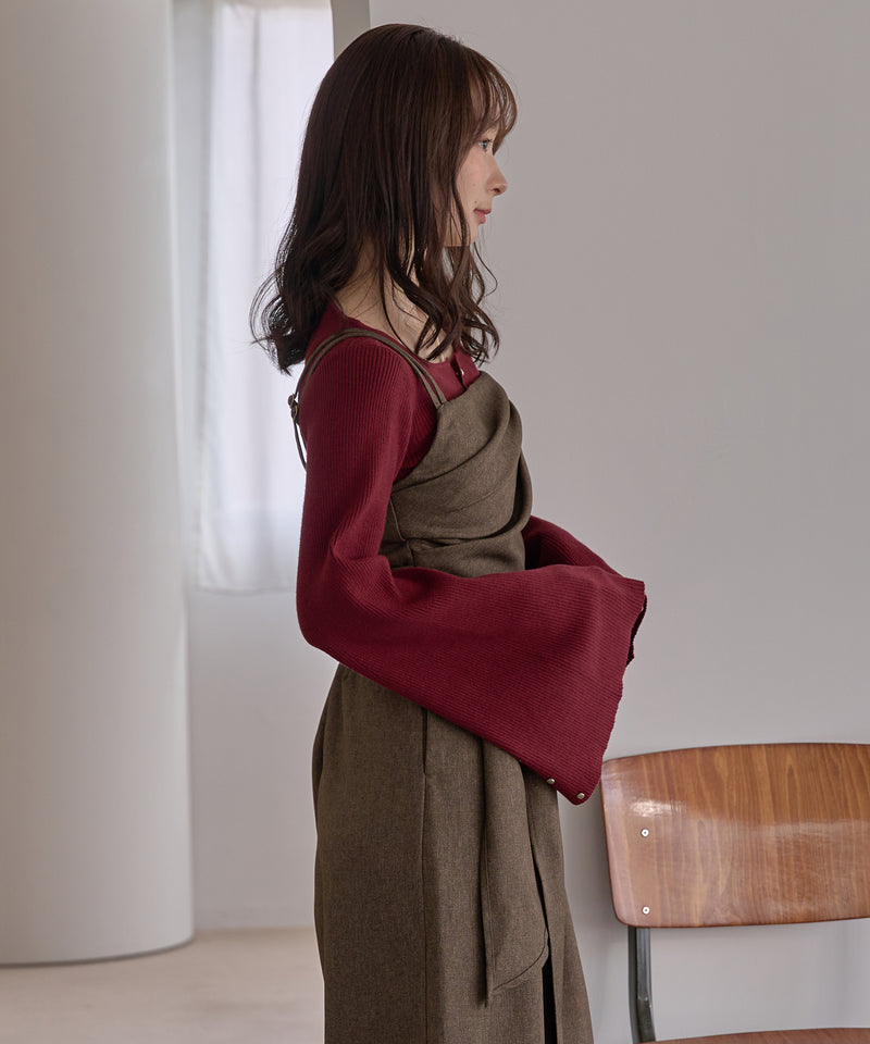 button design flare sleeve rib knit / ボタンデザインフレアスリーブリブニット