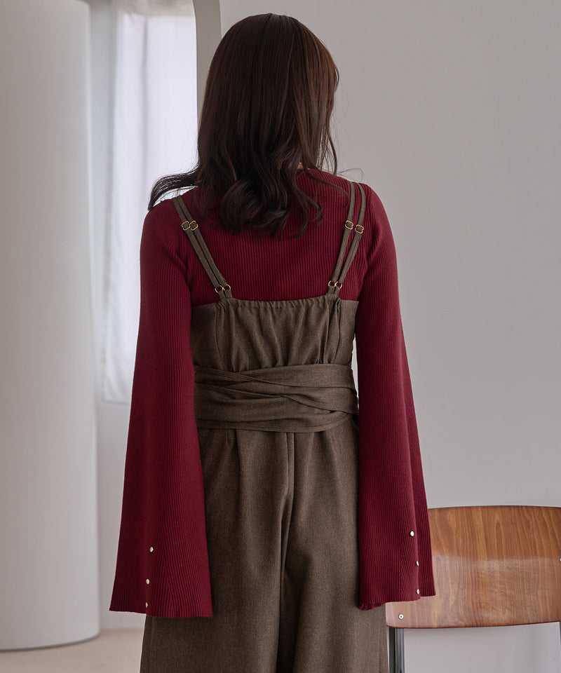 button design flare sleeve rib knit / ボタンデザインフレアスリーブリブニット