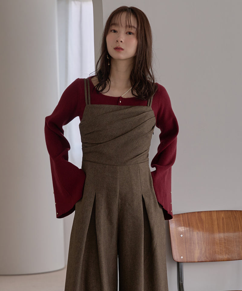 button design flare sleeve rib knit / ボタンデザインフレアスリーブリブニット