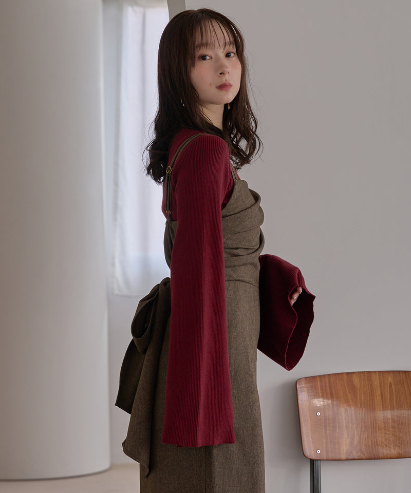 button design flare sleeve rib knit / ボタンデザインフレアスリーブリブニット