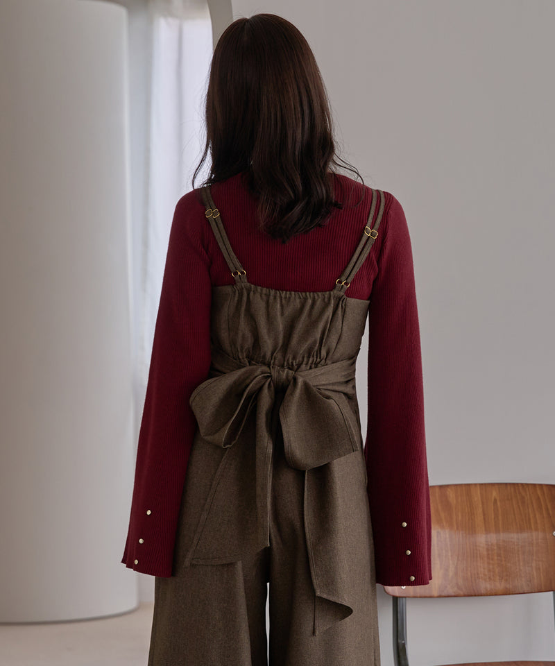 button design flare sleeve rib knit / ボタンデザインフレアスリーブリブニット