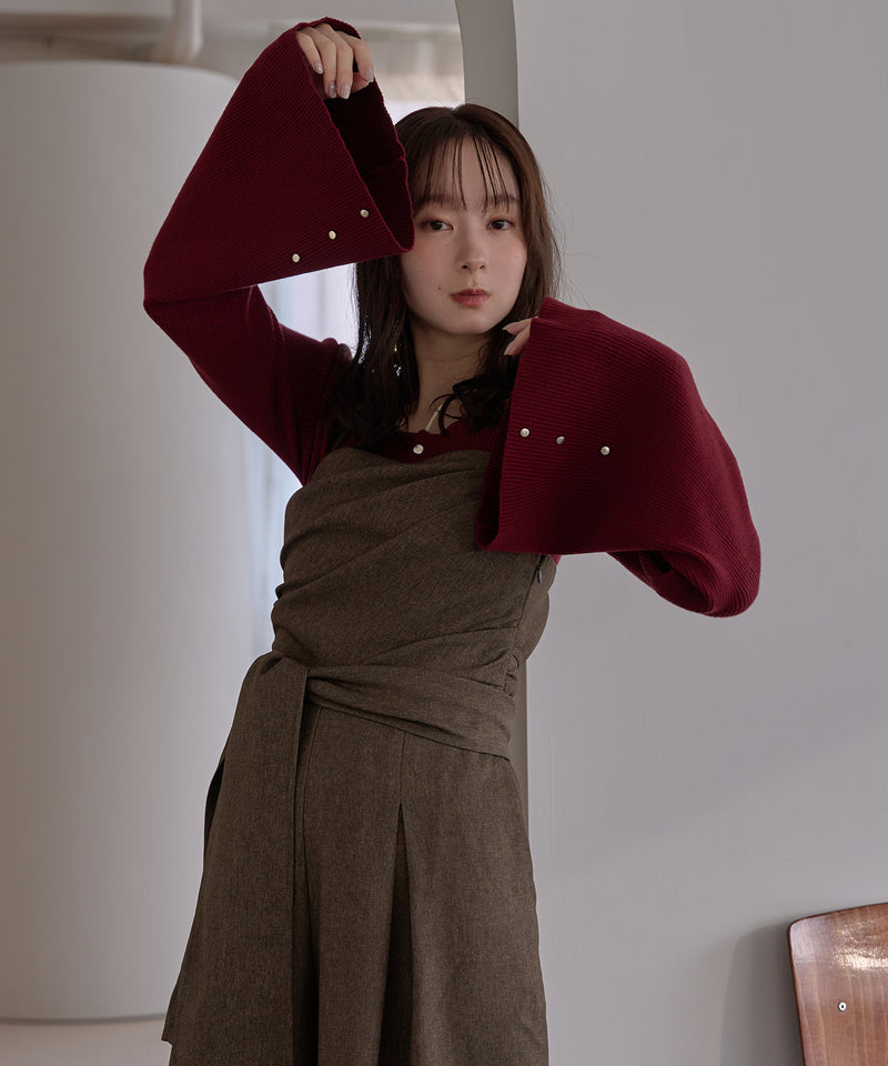 button design flare sleeve rib knit / ボタンデザインフレアスリーブリブニット