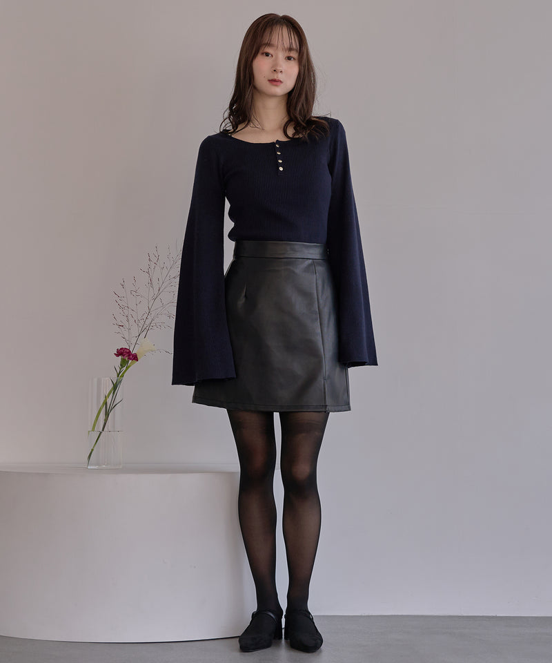 button design flare sleeve rib knit / ボタンデザインフレアスリーブリブニット