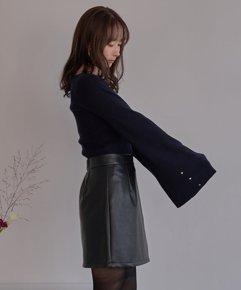 button design flare sleeve rib knit / ボタンデザインフレアスリーブリブニット