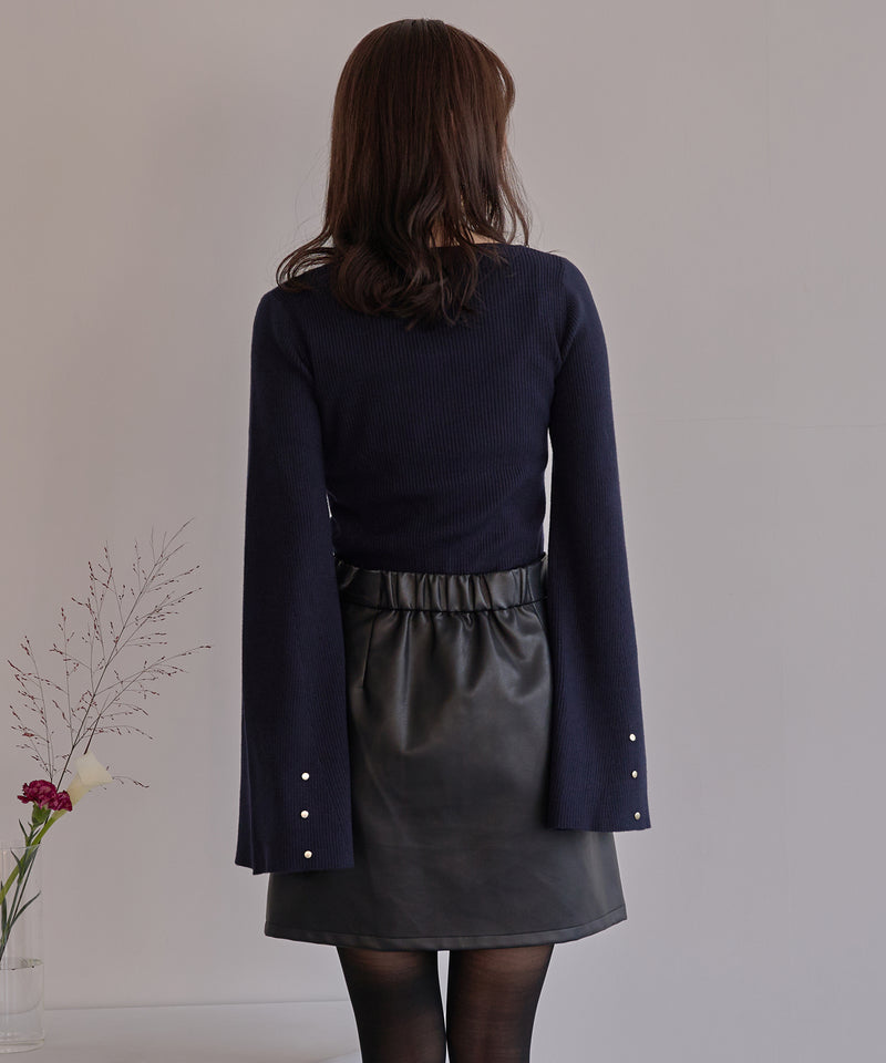 button design flare sleeve rib knit / ボタンデザインフレアスリーブリブニット