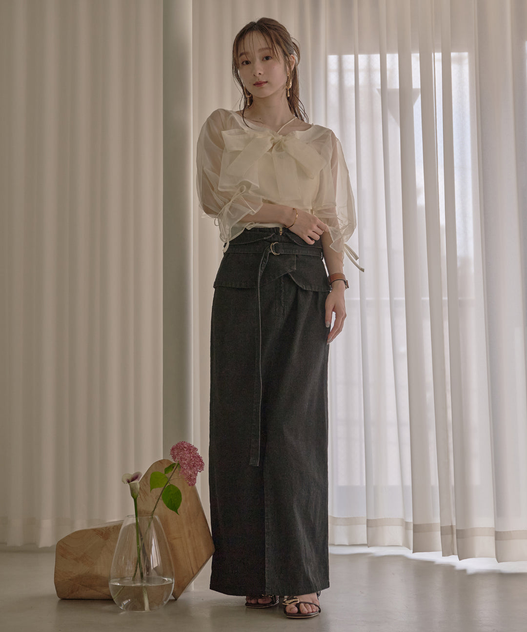 ブラウス シャツ 2way ribbon cropped sheer blouse / 2wayリボンクロップドシアーブラウス レディース 2way ribbon cropped sheer blouse / 2wayリボンクロップド
