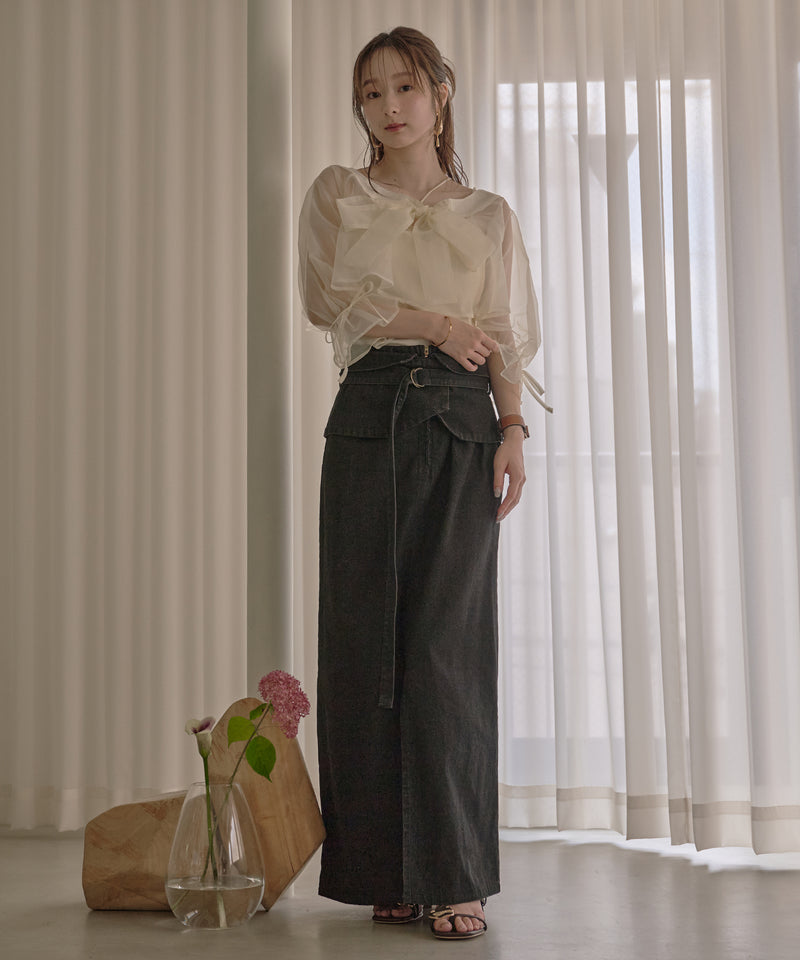 2way ribbon cropped sheer blouse / 2wayリボンクロップドシアーブラウス