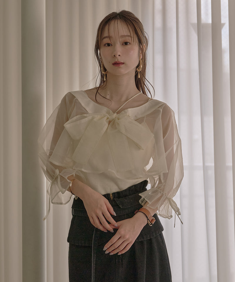 2way ribbon cropped sheer blouse / 2wayリボンクロップドシアーブラウス