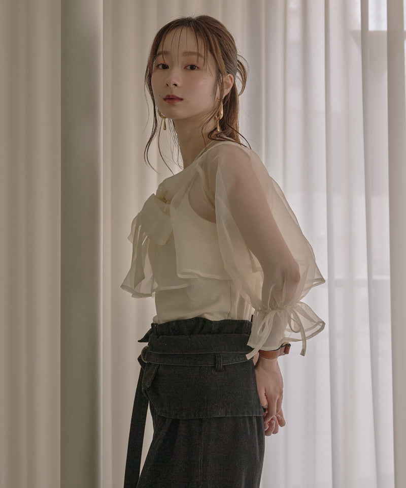 2way ribbon cropped sheer blouse / 2wayリボンクロップドシアーブラウス