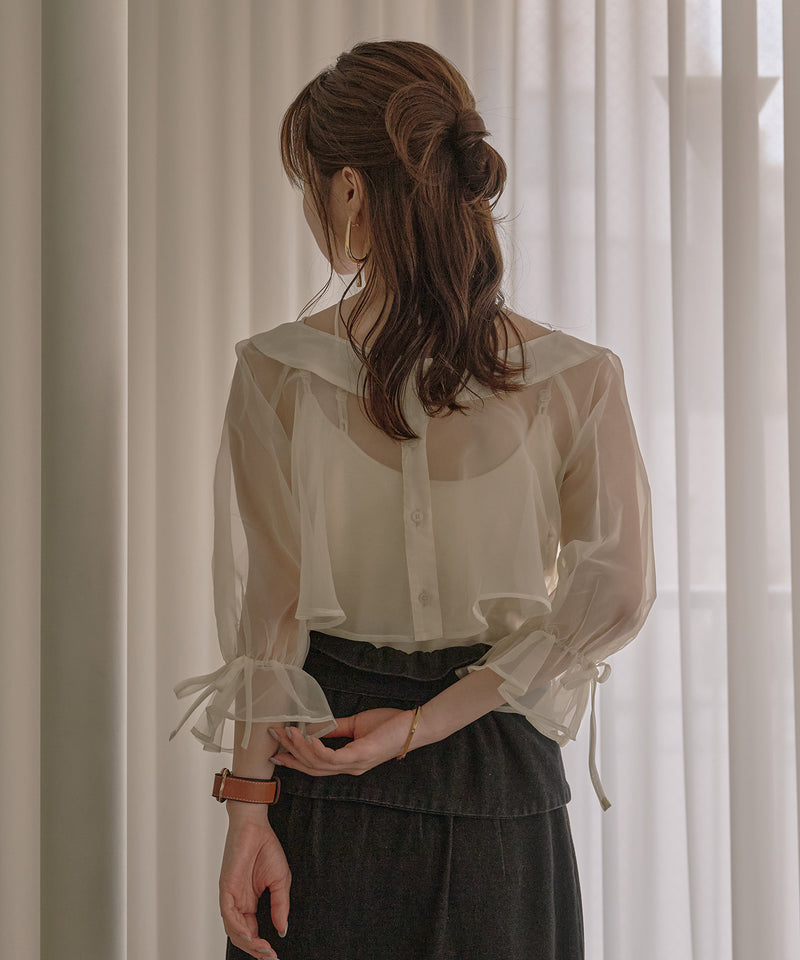 2way ribbon cropped sheer blouse / 2wayリボンクロップドシアーブラウス