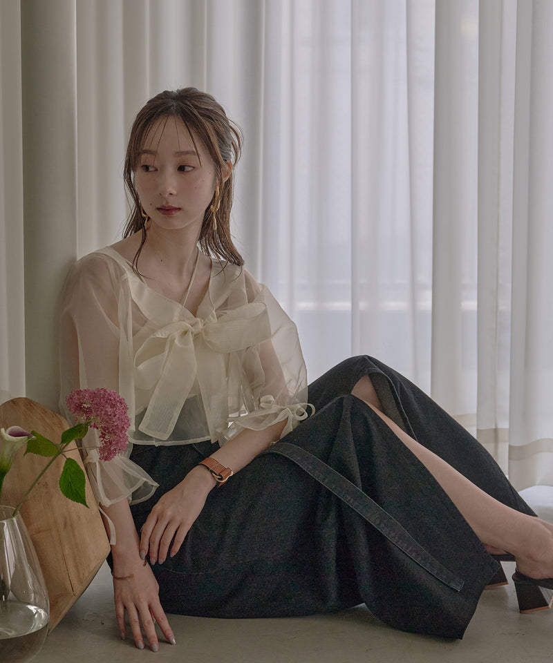 2way ribbon cropped sheer blouse / 2wayリボンクロップドシアーブラウス