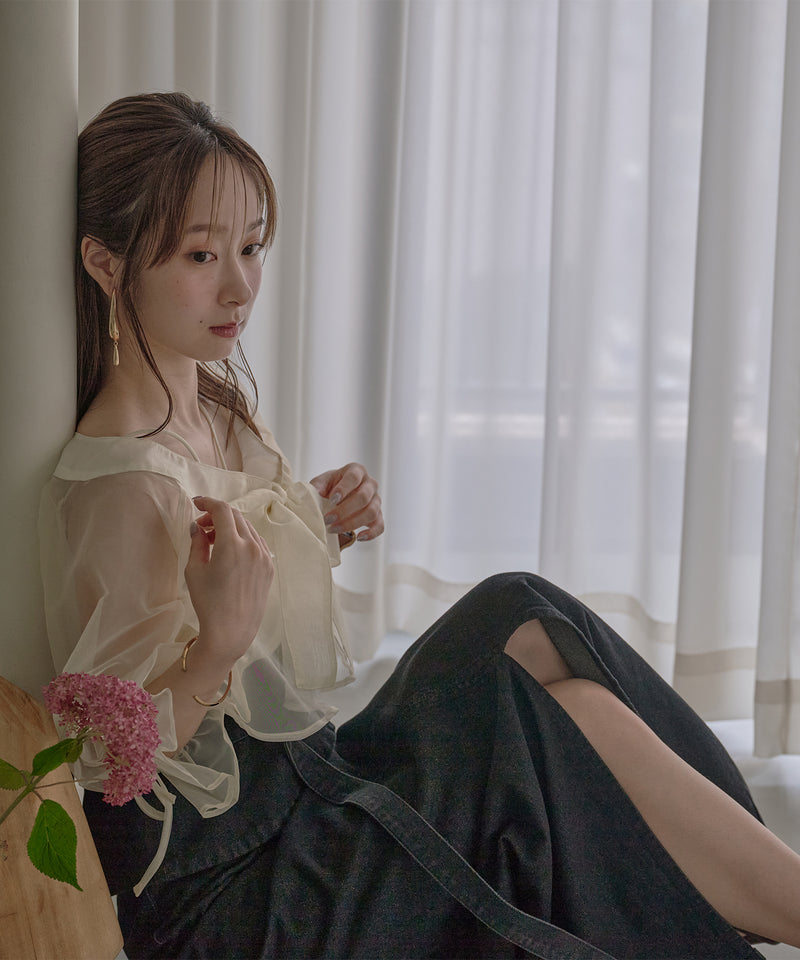2way ribbon cropped sheer blouse / 2wayリボンクロップドシアーブラウス