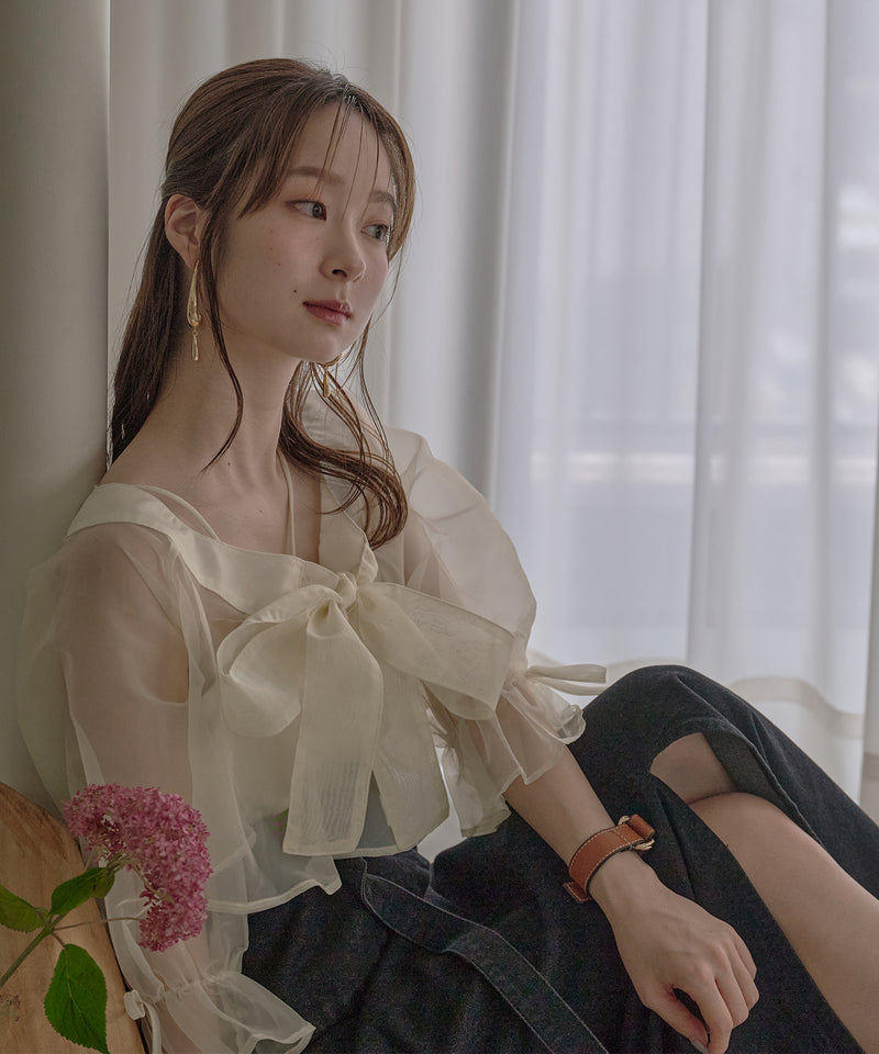 2way ribbon cropped sheer blouse / 2wayリボンクロップドシアーブラウス