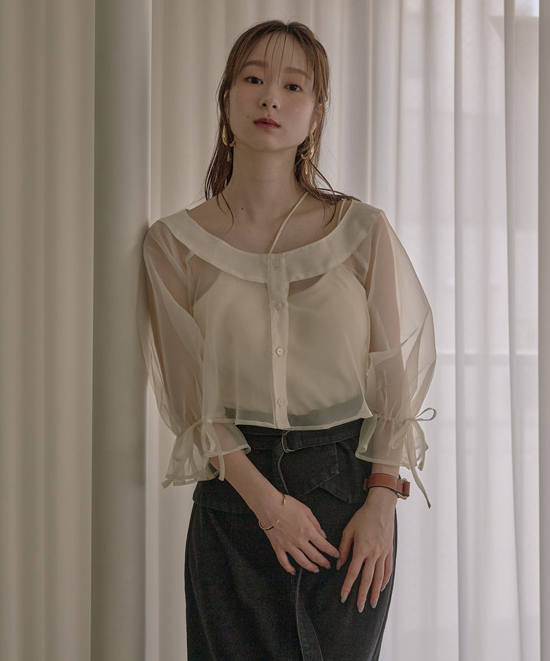 2way ribbon cropped sheer blouse / 2wayリボンクロップドシアーブラウス