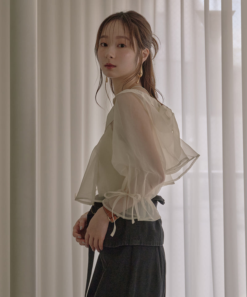 2way ribbon cropped sheer blouse / 2wayリボンクロップドシアーブラウス