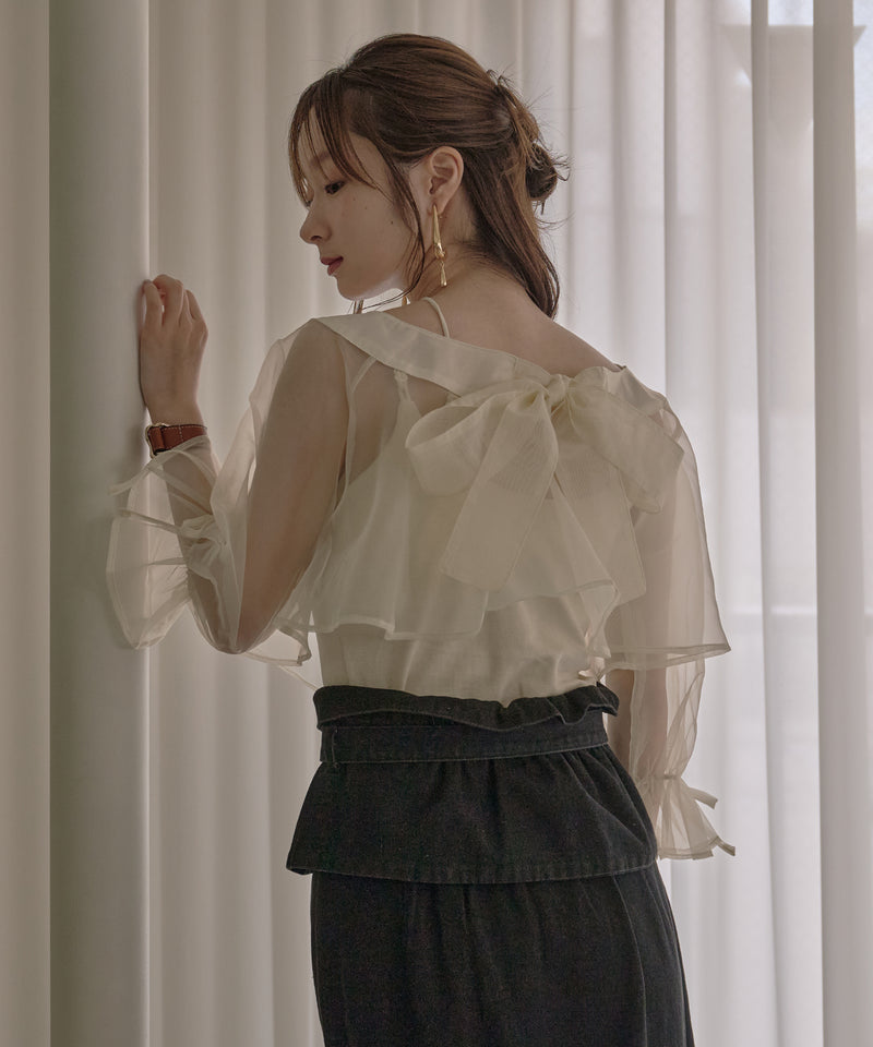 2way ribbon cropped sheer blouse / 2wayリボンクロップドシアーブラウス