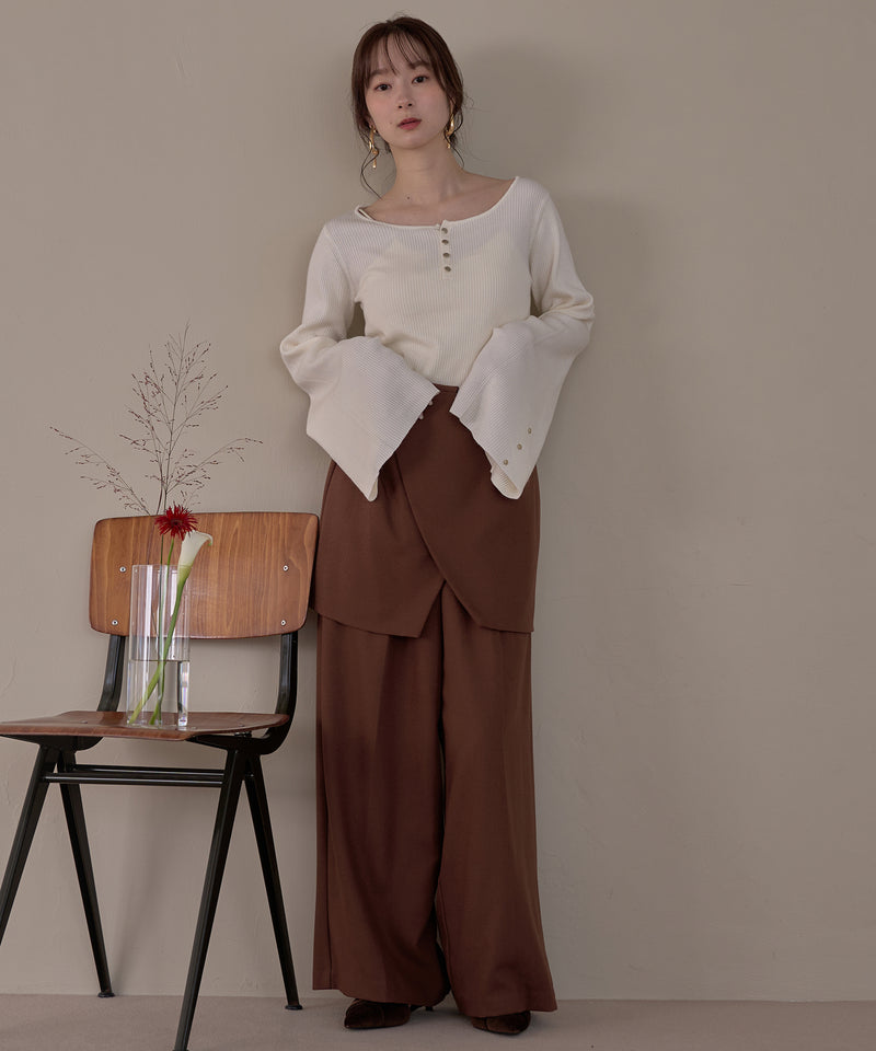 button design flare sleeve rib knit / ボタンデザインフレアスリーブリブニット