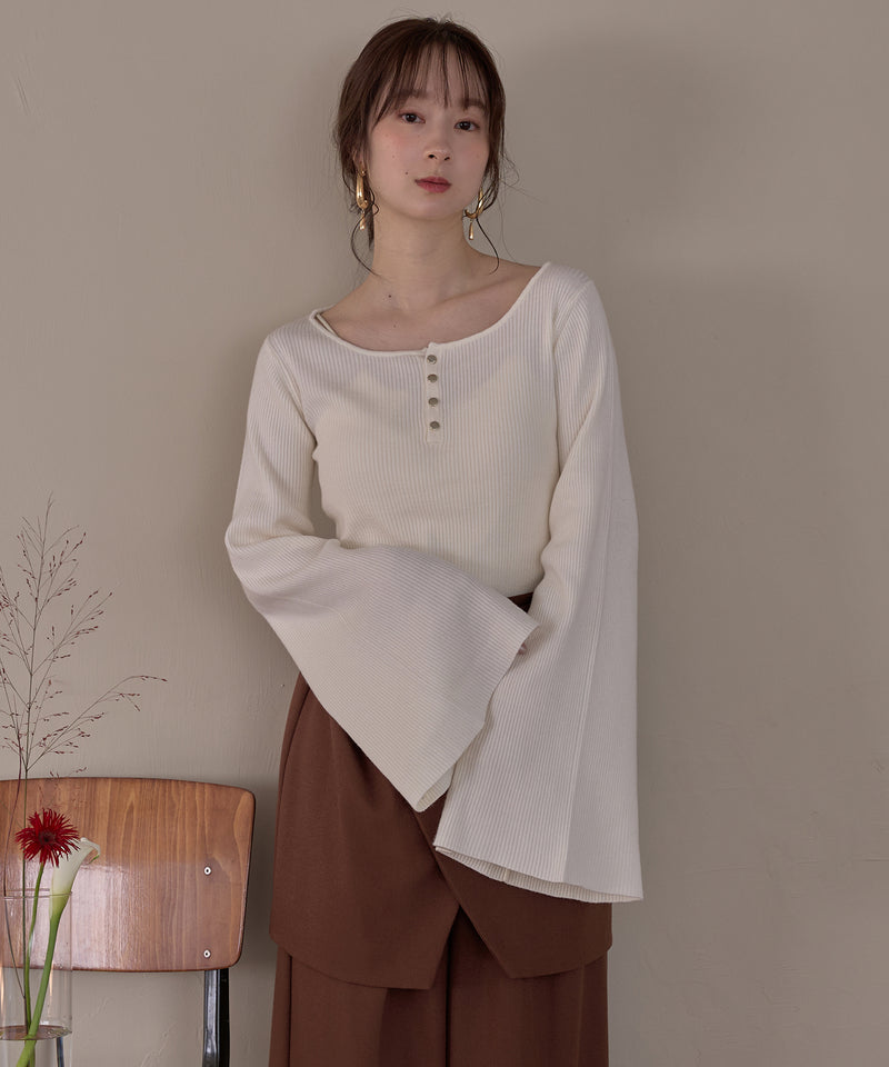 button design flare sleeve rib knit / ボタンデザインフレアスリーブリブニット