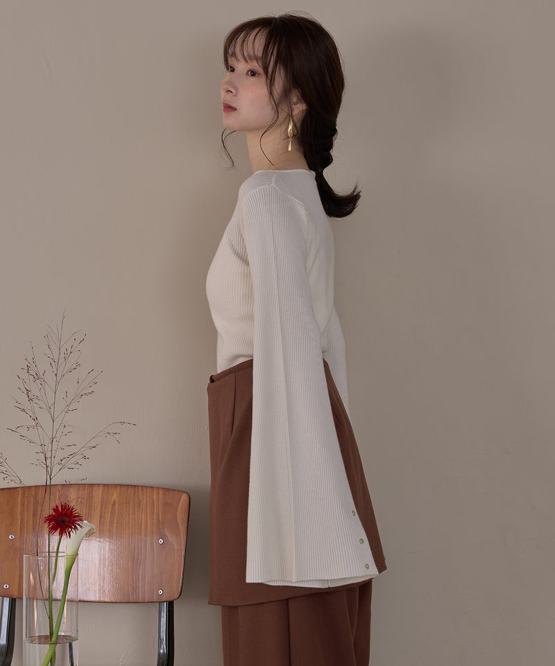button design flare sleeve rib knit / ボタンデザインフレアスリーブリブニット