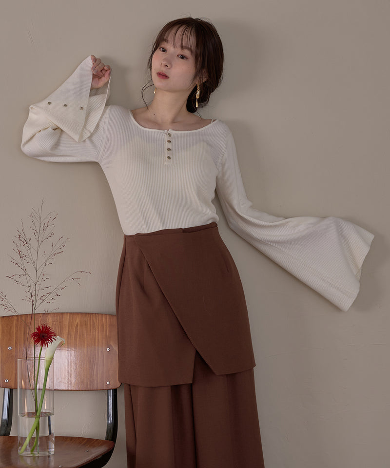 button design flare sleeve rib knit / ボタンデザインフレアスリーブリブニット