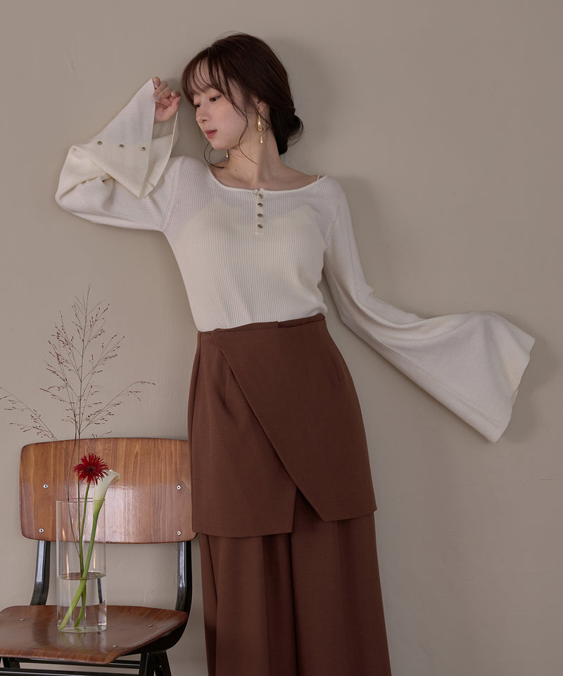 button design flare sleeve rib knit / ボタンデザインフレアスリーブリブニット