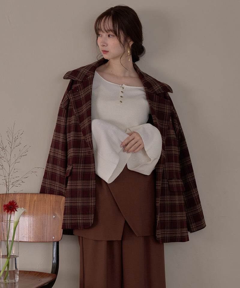 button design flare sleeve rib knit / ボタンデザインフレアスリーブリブニット