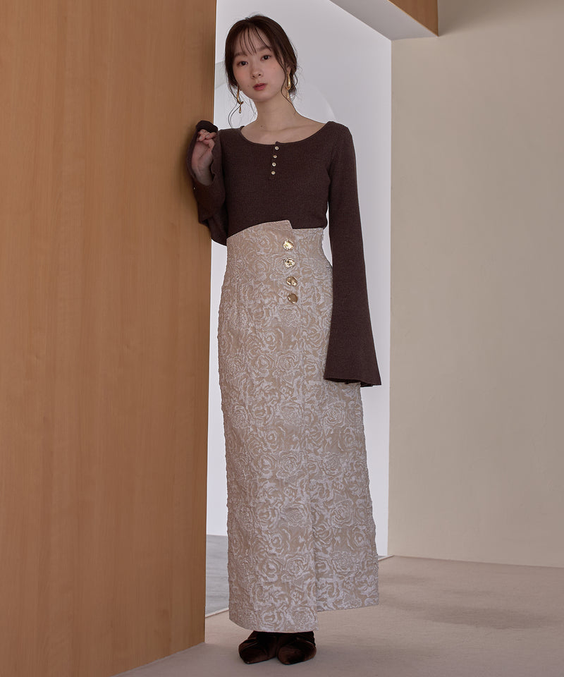 button design flare sleeve rib knit / ボタンデザインフレアスリーブリブニット