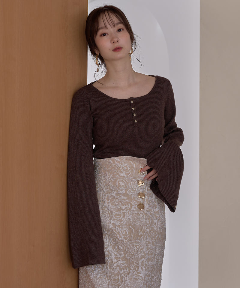 button design flare sleeve rib knit / ボタンデザインフレアスリーブリブニット