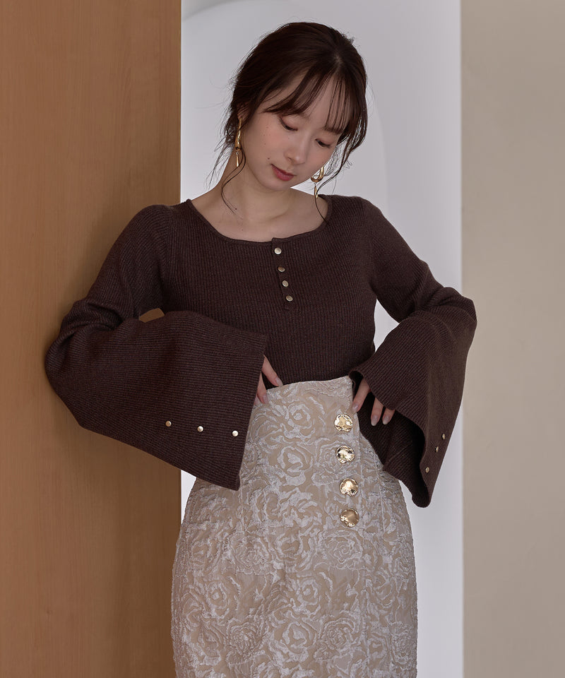 button design flare sleeve rib knit / ボタンデザインフレアスリーブリブニット