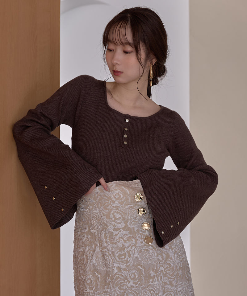 button design flare sleeve rib knit / ボタンデザインフレアスリーブリブニット