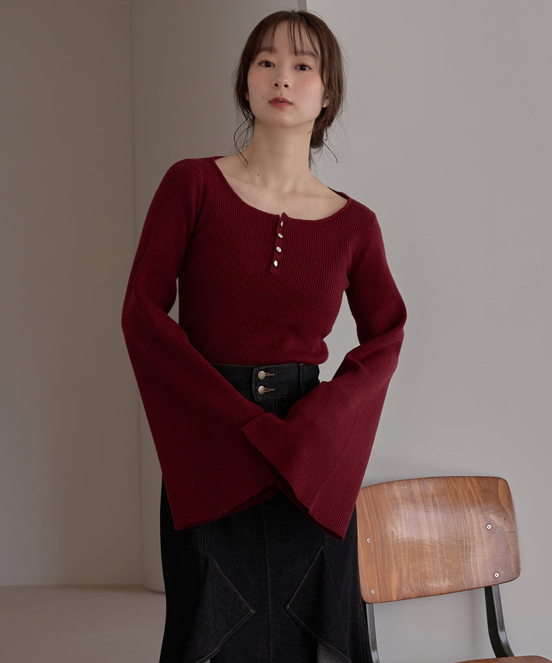 button design flare sleeve rib knit / ボタンデザインフレアスリーブリブニット