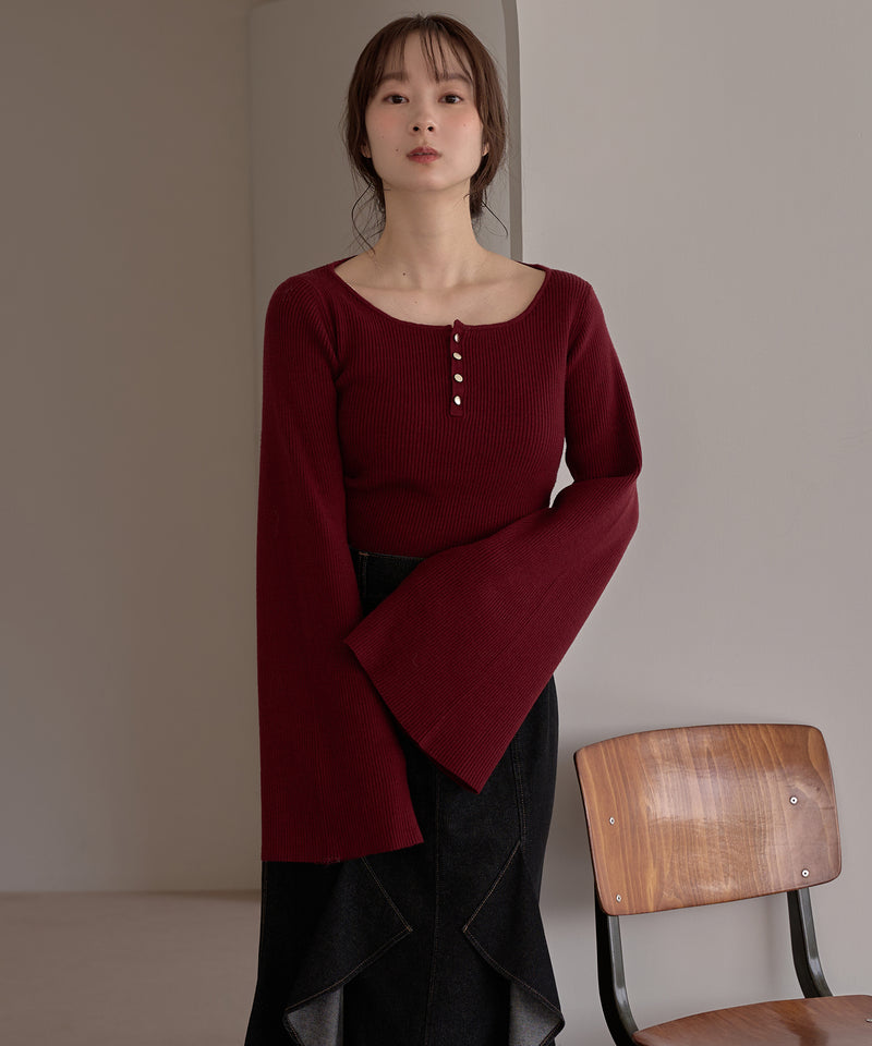 button design flare sleeve rib knit / ボタンデザインフレアスリーブリブニット