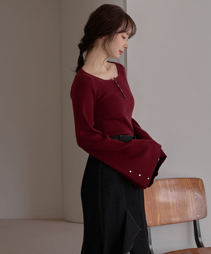 button design flare sleeve rib knit / ボタンデザインフレアスリーブリブニット