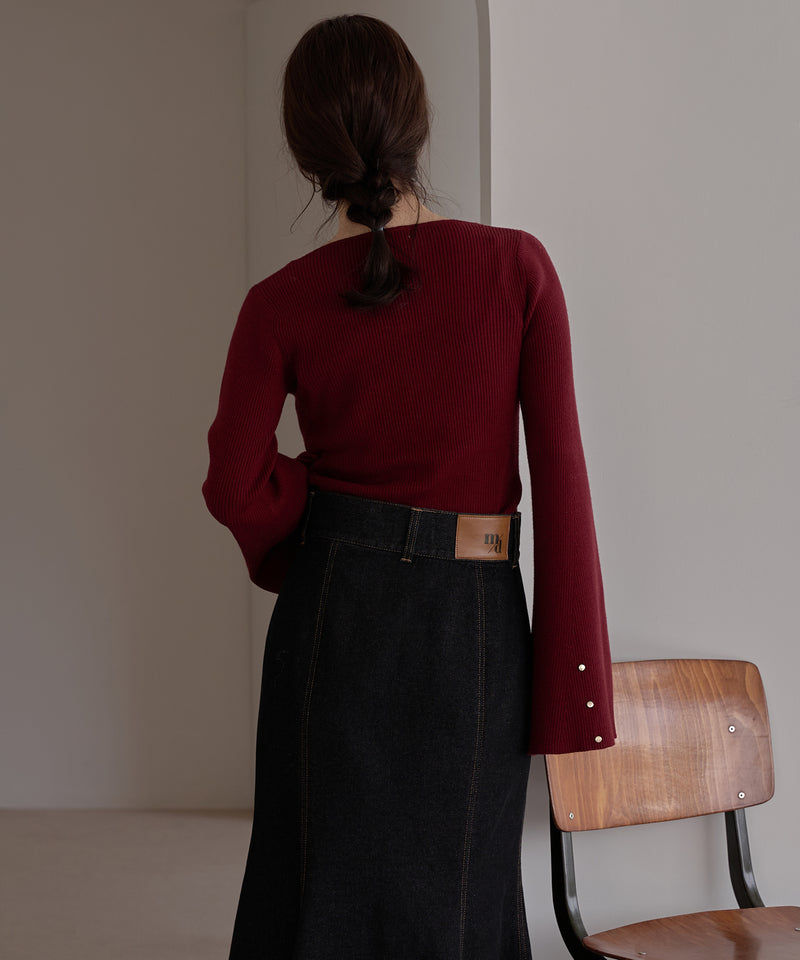 button design flare sleeve rib knit / ボタンデザインフレアスリーブリブニット