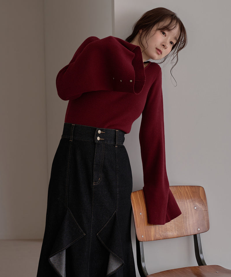 button design flare sleeve rib knit / ボタンデザインフレアスリーブリブニット