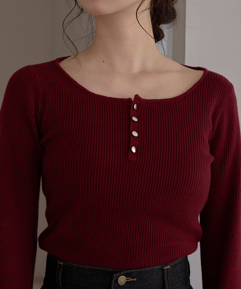 button design flare sleeve rib knit / ボタンデザインフレアスリーブリブニット