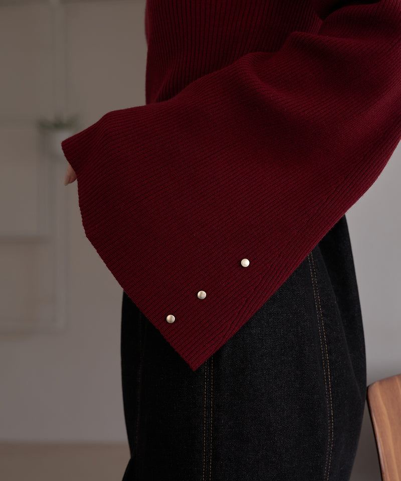 button design flare sleeve rib knit / ボタンデザインフレアスリーブリブニット