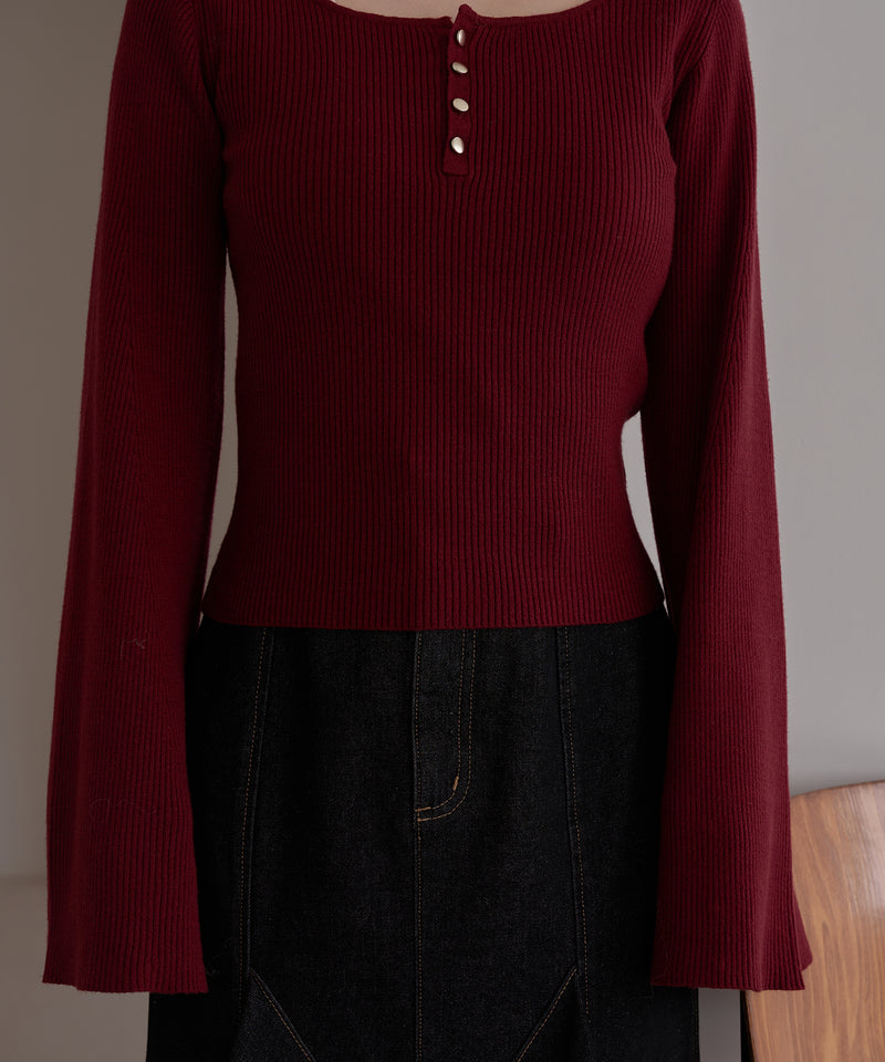 button design flare sleeve rib knit / ボタンデザインフレアスリーブリブニット