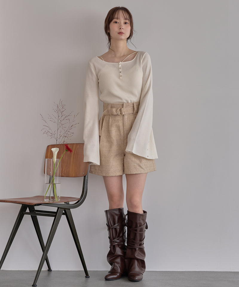 button design flare sleeve rib knit / ボタンデザインフレアスリーブリブニット