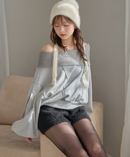 rib design sweatshirt off shoulder / リブデザインスウェットオフショルダー