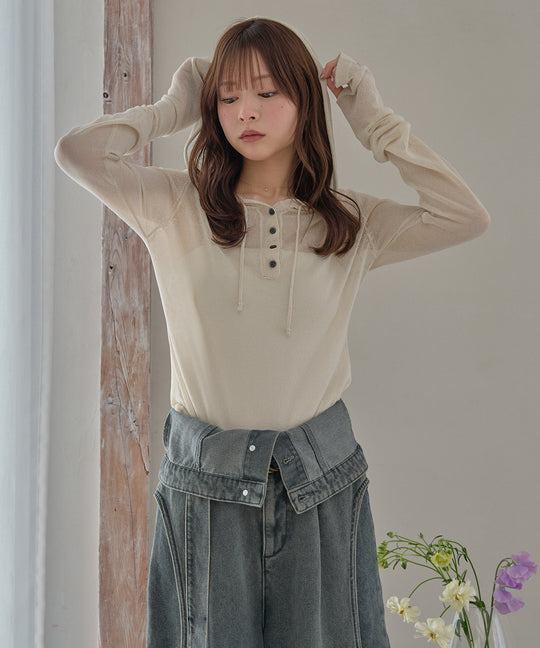 sheer long sleeve hoodie tops / シアーロングスリーブフーディトップス