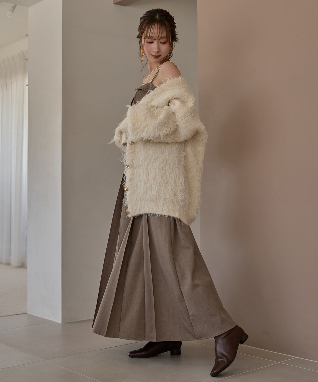 mideal ニュアンスボタンシャギーカーディガン ニットアンサンブル nuance button shaggy cardigan / ニュアンスボタンシャギー