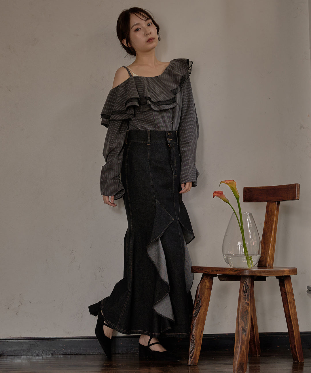 【新品未使用タグ付き】mideal フリルマーメイドデニムスカート M 予約商品】frills mermaid denim skirt / フリルマーメイド