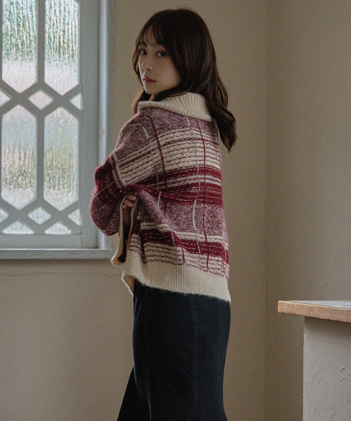 half zip check knit / ハーフジップチェックニット – favclo.