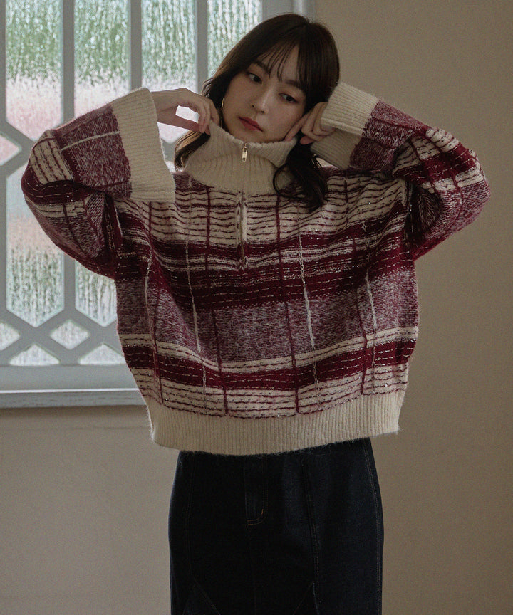half zip check knit / ハーフジップチェックニット – favclo.