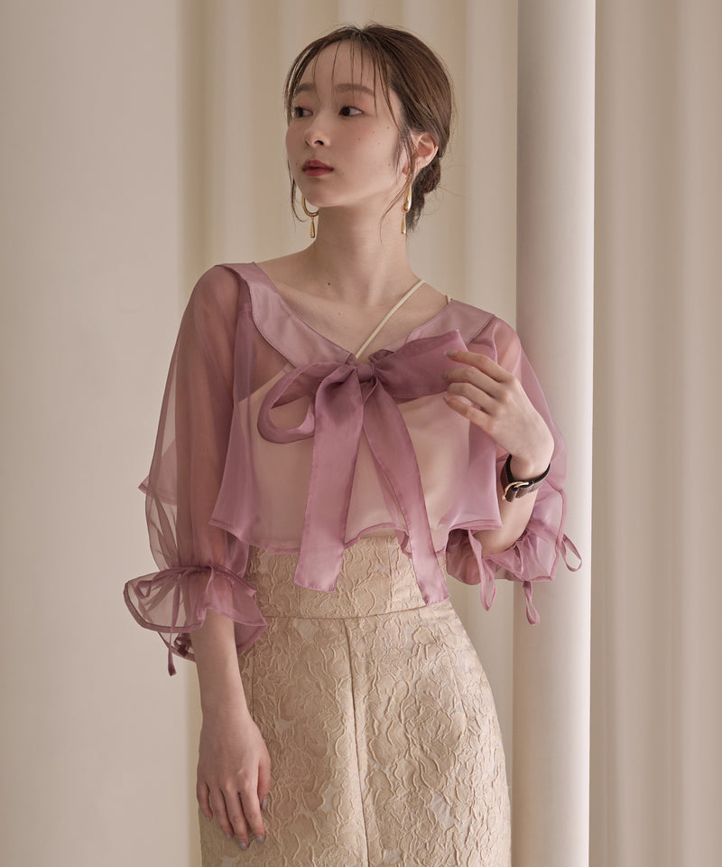 2way ribbon cropped sheer blouse / 2wayリボンクロップドシアーブラウス