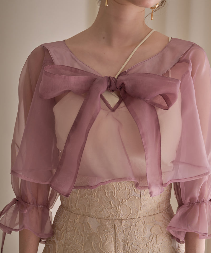 2way ribbon cropped sheer blouse / 2wayリボンクロップドシアーブラウス