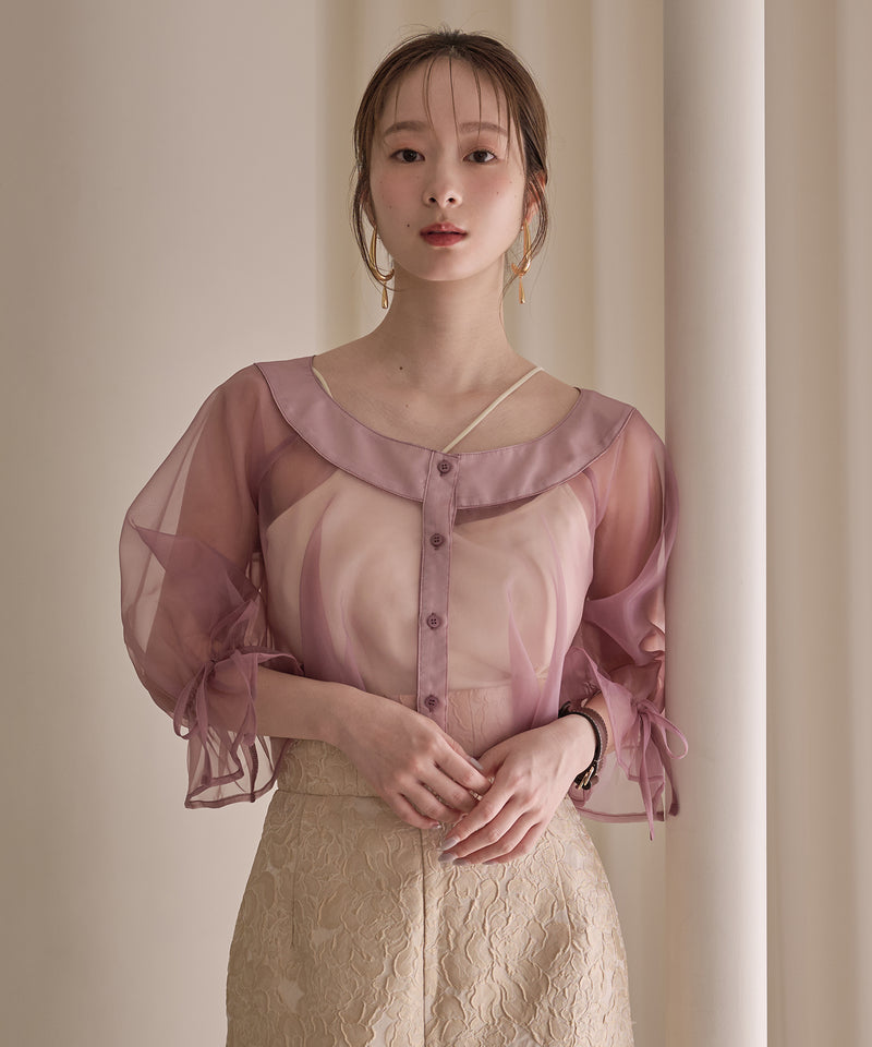 2way ribbon cropped sheer blouse / 2wayリボンクロップドシアーブラウス